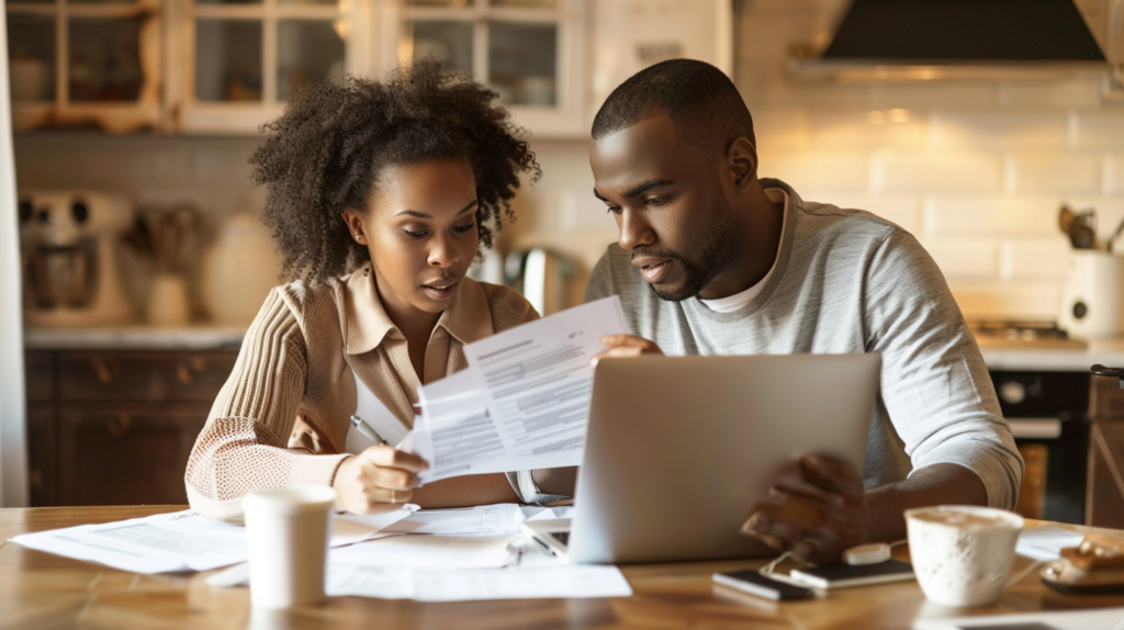 surrogacy cost breakdown — couple sitting together at a kitchen table having a conversation over coffee, warm natural light