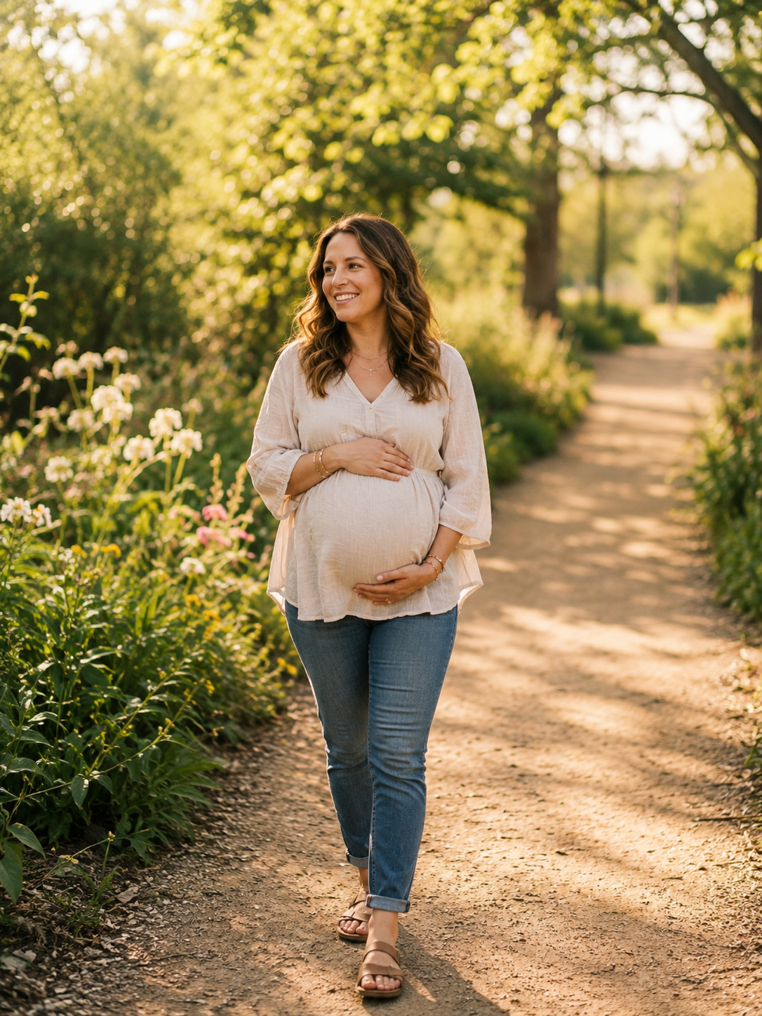 become surrogate Arizona — pregnant woman walking in warm sunny light