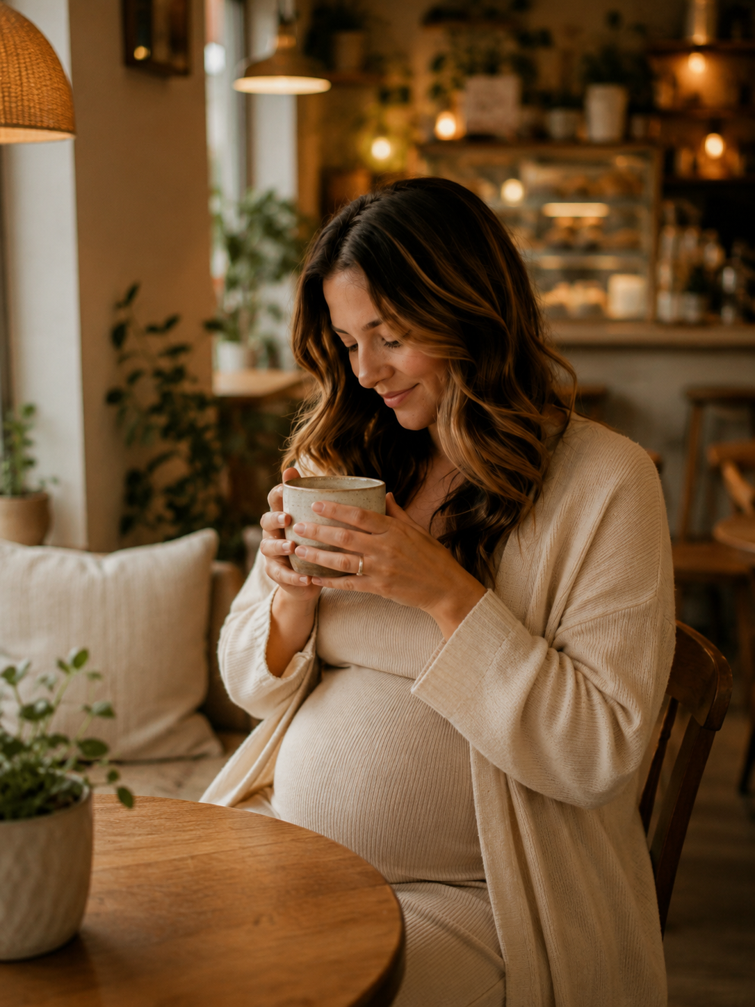 become surrogate Oregon — woman at cozy coffee shop with warm mug