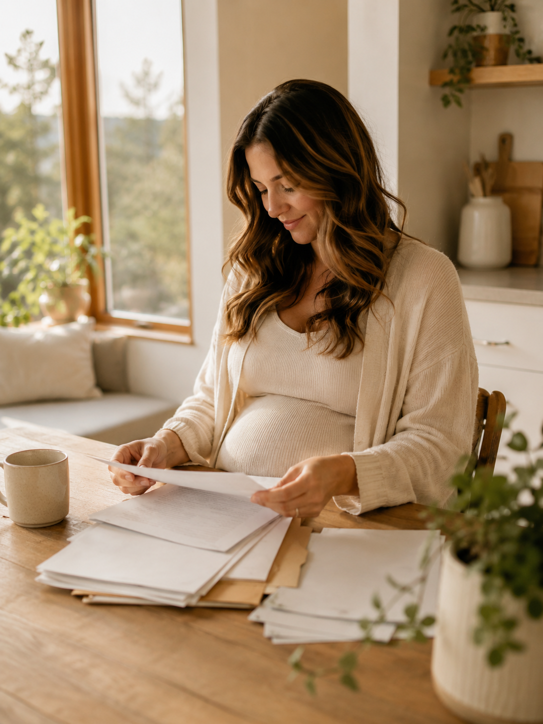 become surrogate Washington — woman reviewing paperwork at kitchen table