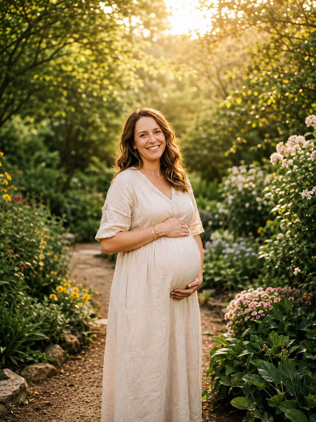 become surrogate Washington — pregnant woman in garden at golden hour