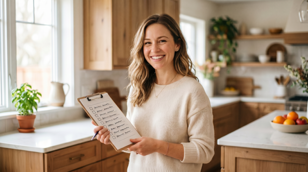 gestational surrogate requirements — warm portrait of a smiling woman in her late 20s standing confidently in a sunlit kitchen doorway
