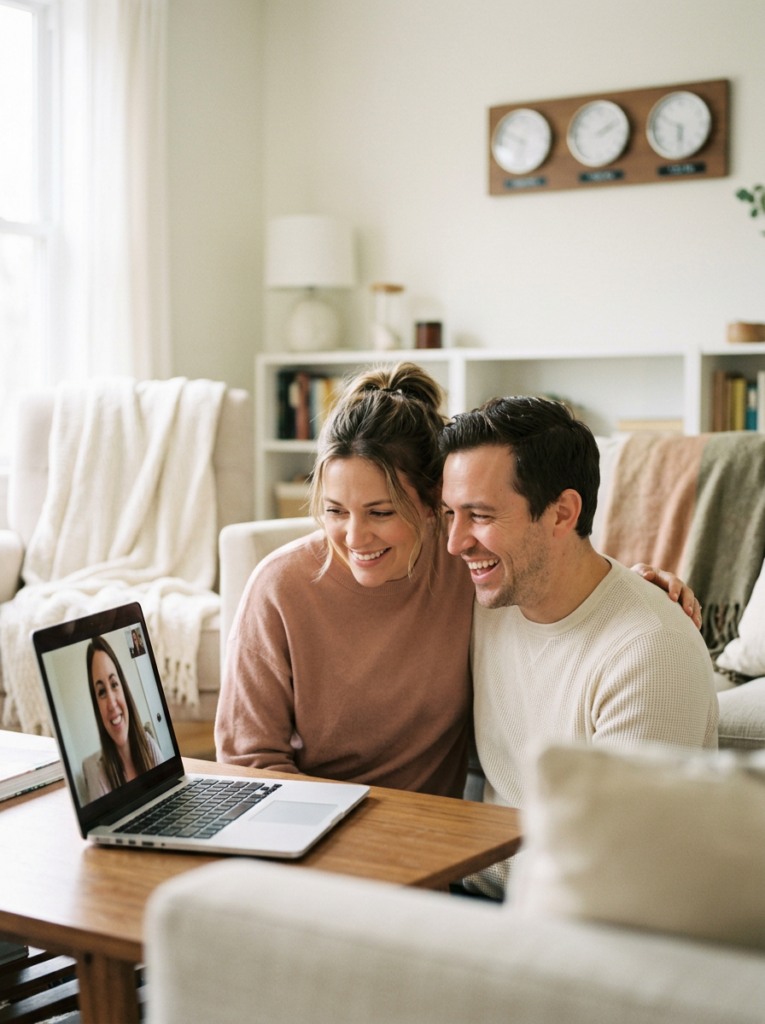 international surrogacy steps — couple sitting together at a table looking at a laptop, small globe on a shelf behind them