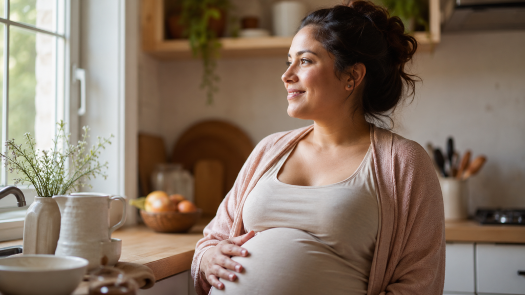 life as a surrogate — warm portrait of a pregnant woman smiling gently while looking out a sunlit kitchen window
