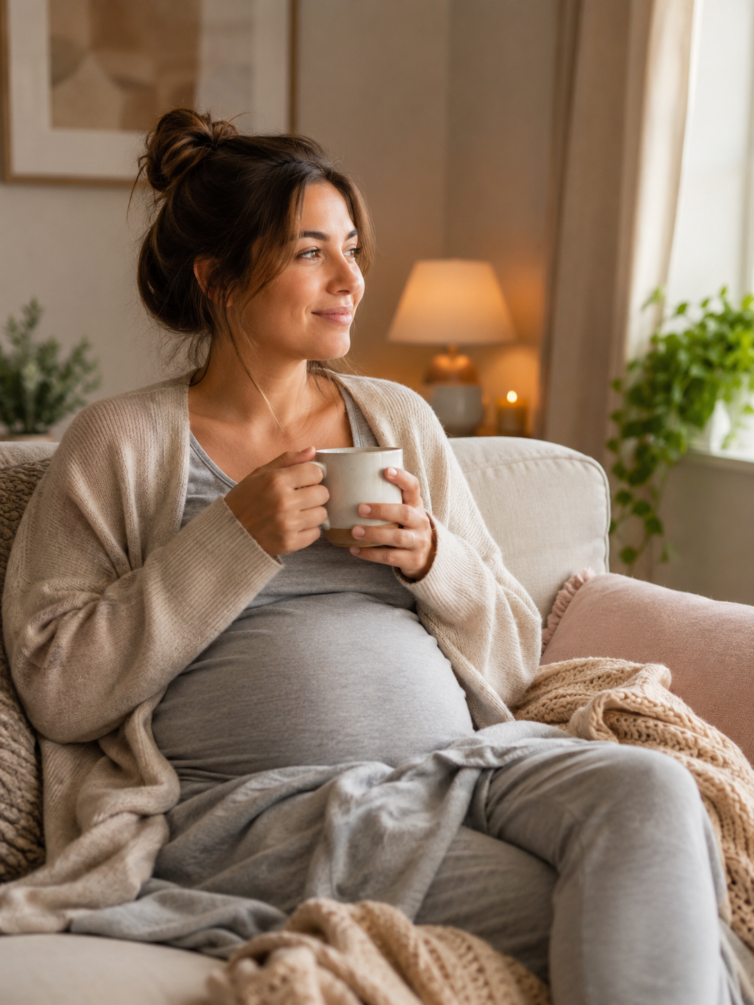 surrogacy after delivery — woman recovering at home with tea on sofa