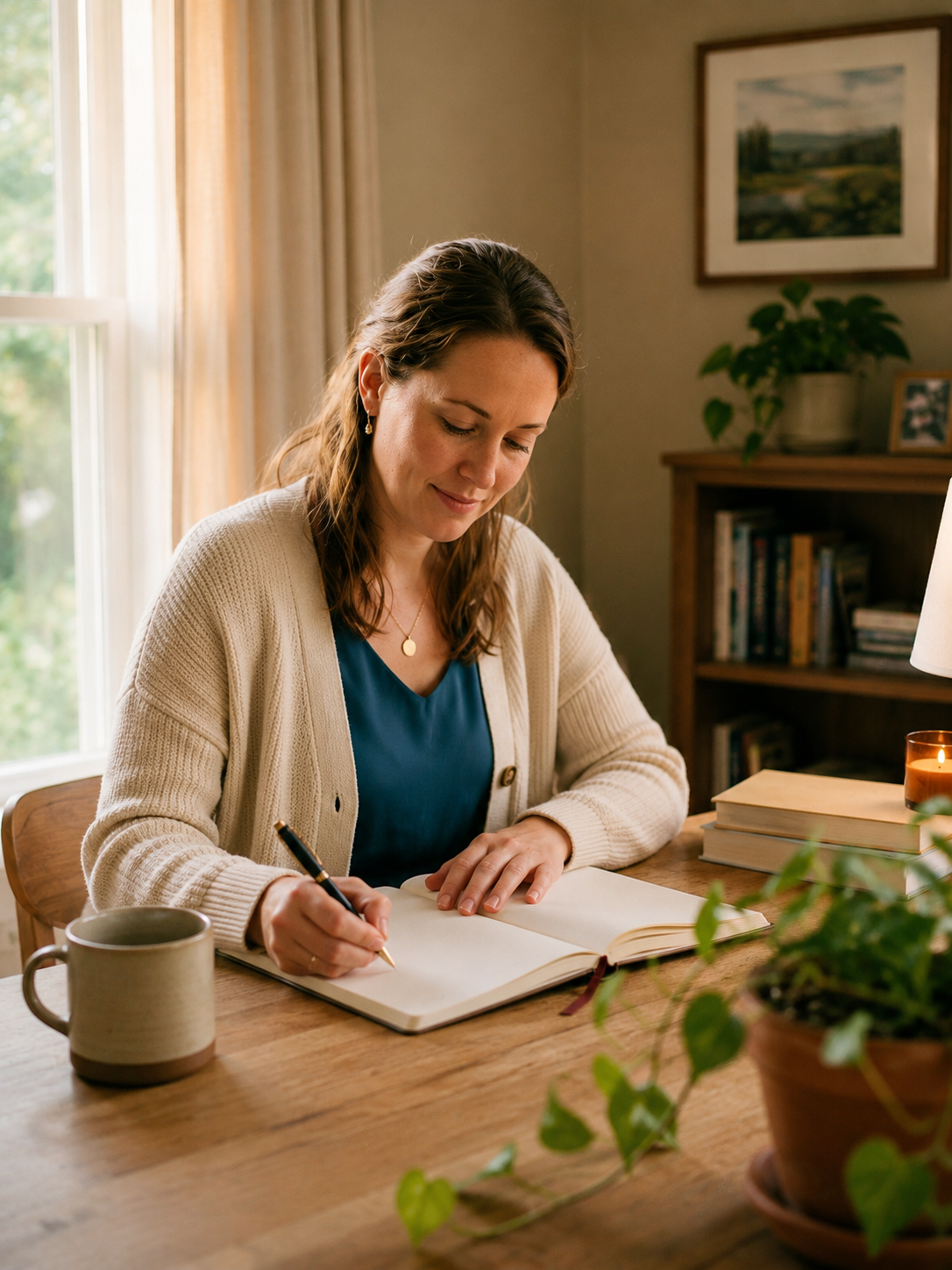 surrogacy after delivery — woman writing in journal at quiet desk