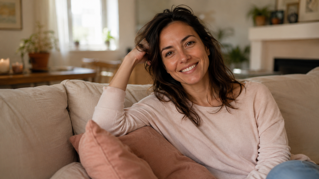 surrogacy after tubal ligation — warm portrait of a smiling woman relaxing at home, considering whether her medical history still qualifies