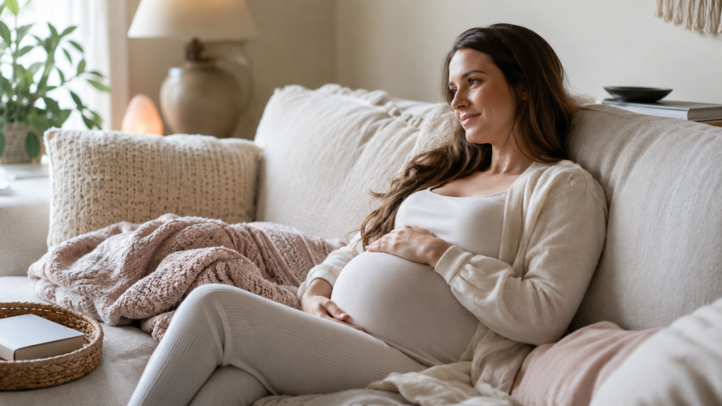 surrogacy bed rest pay — pregnant woman resting comfortably on a sofa at home with a book and warm blanket
