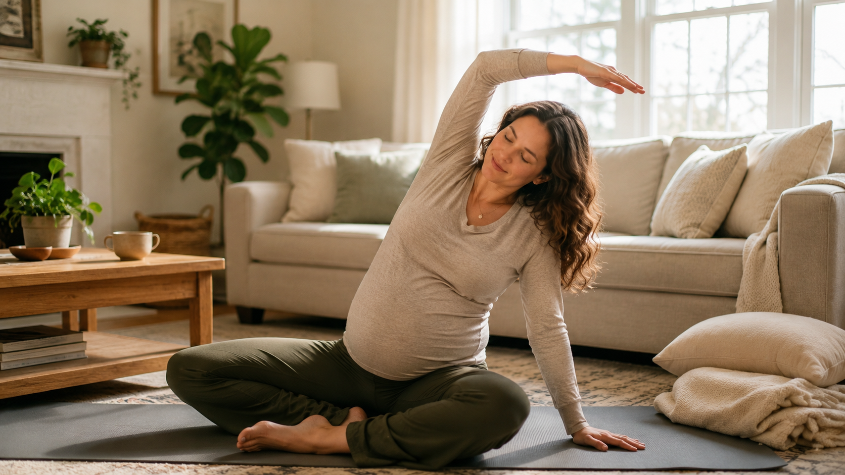 surrogacy exercise guidelines — pregnant woman doing prenatal yoga in bright living room