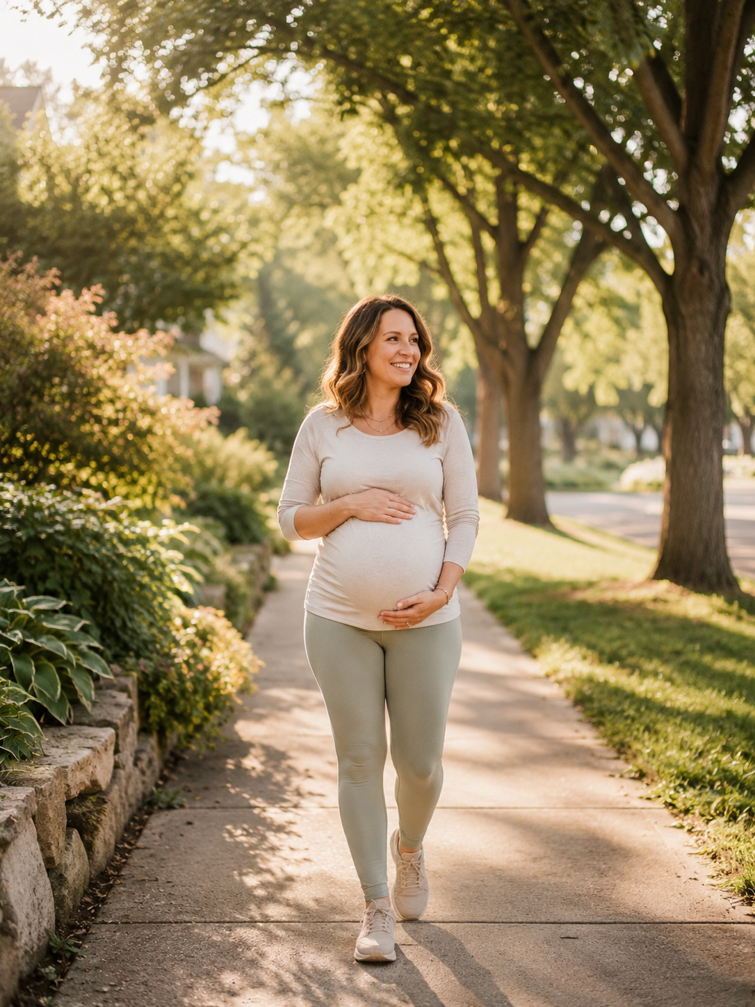 surrogacy exercise guidelines — pregnant woman walking outdoors in athletic gear