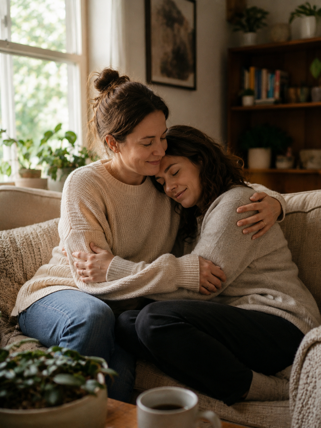 surrogacy grief and release — woman in warm embrace with supportive friend