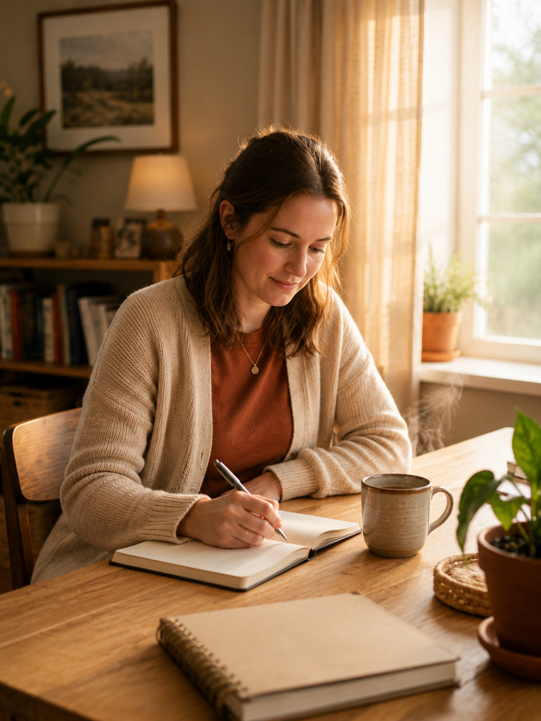 surrogacy grief and release — woman writing in journal at wooden desk with mug