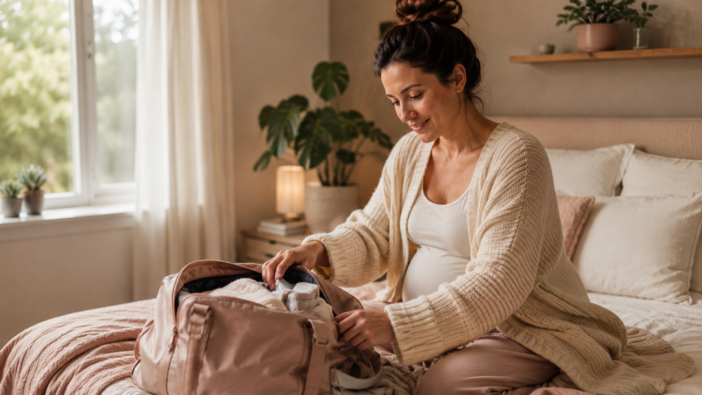 surrogacy hospital bag checklist — warm portrait of a smiling pregnant woman packing a soft bag on her bed