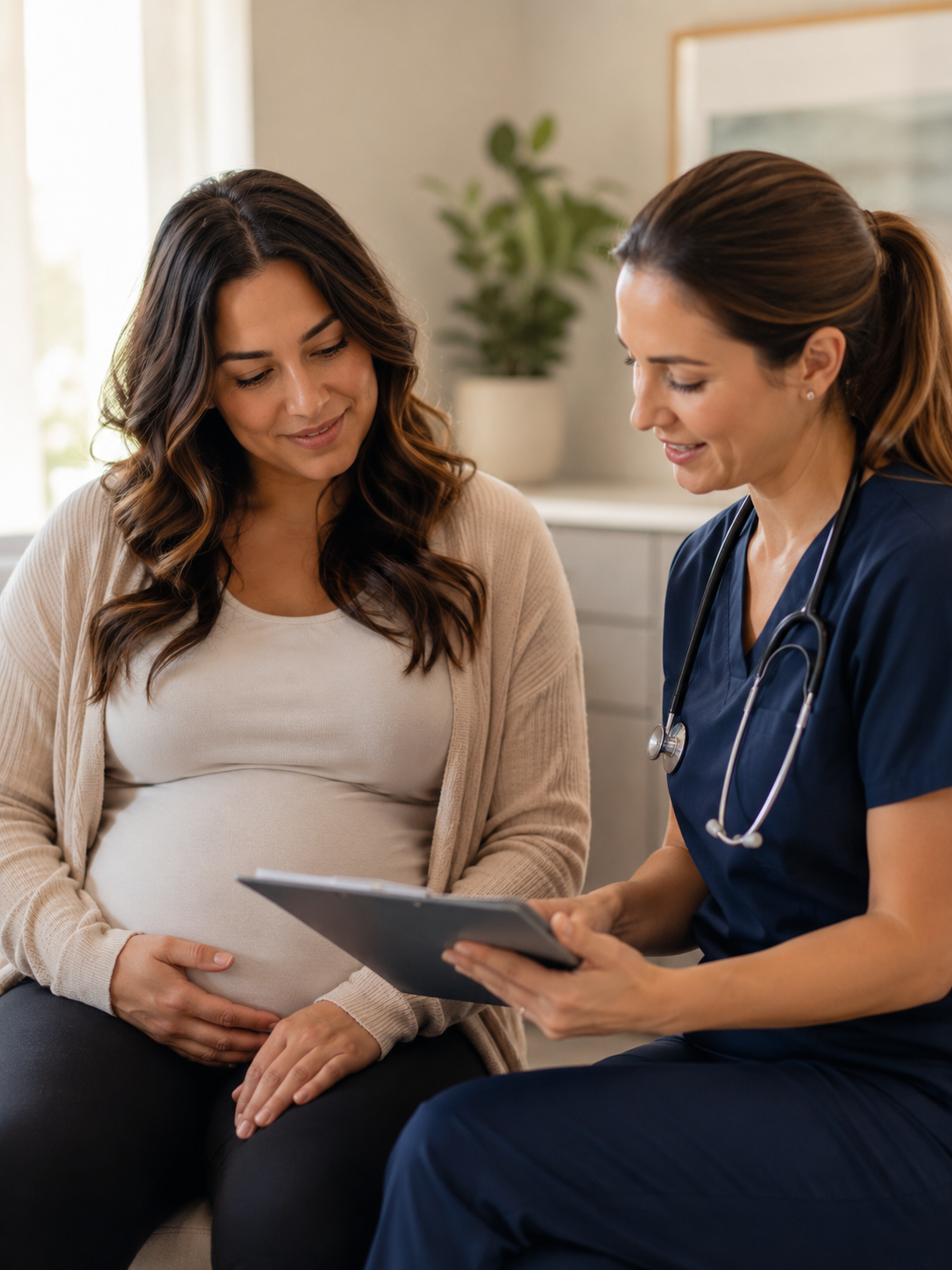 surrogacy IVF process — woman with nurse reviewing medical chart