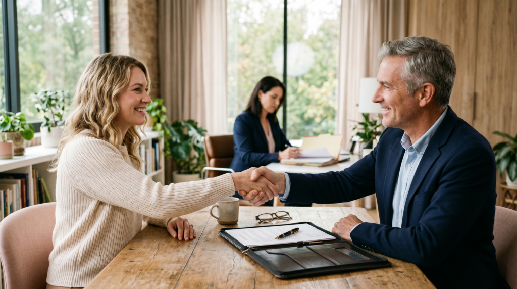 surrogacy legal contracts — two people shaking hands across a table in a bright office, attorney in soft focus behind them