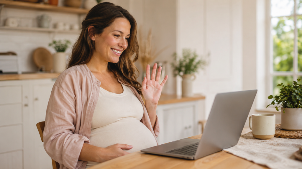 surrogacy long distance matching — pregnant woman smiling during a warm video call on a laptop at her kitchen table