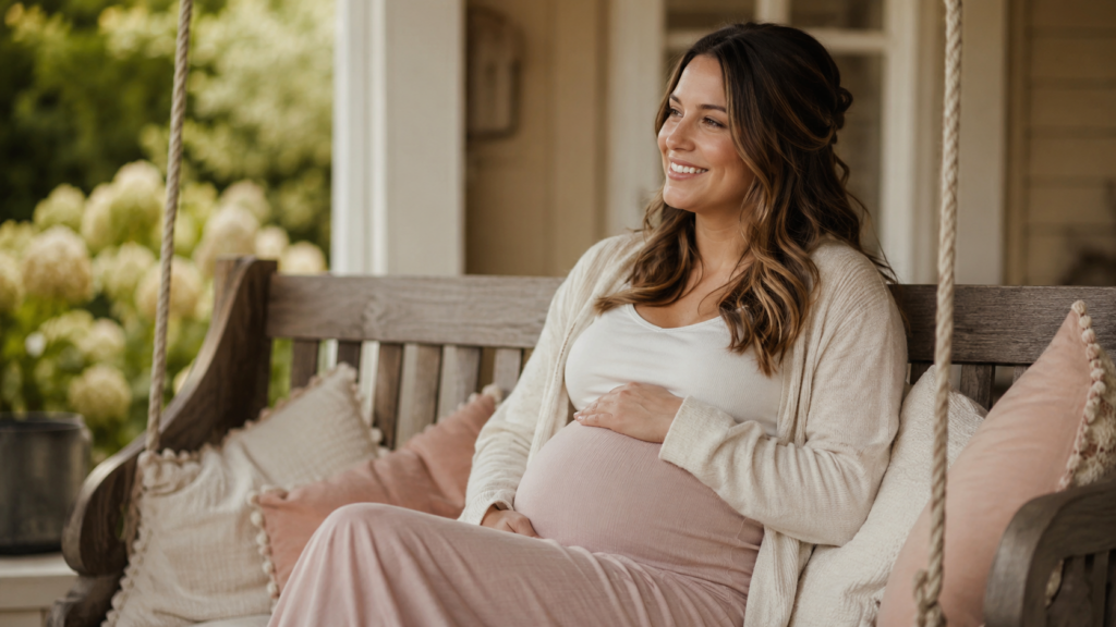 surrogacy multiples compensation — warm portrait of a smiling pregnant woman relaxing on a porch swing at home, soft natural light