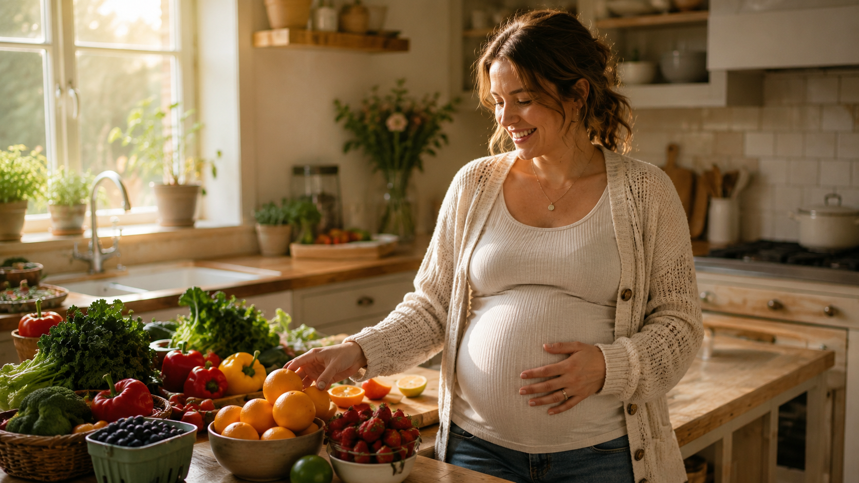 surrogacy nutrition guide — pregnant woman with colorful fruits and vegetables