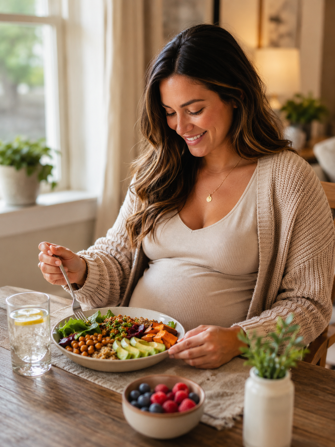 surrogacy nutrition guide — pregnant woman at dining table with healthy colorful meal