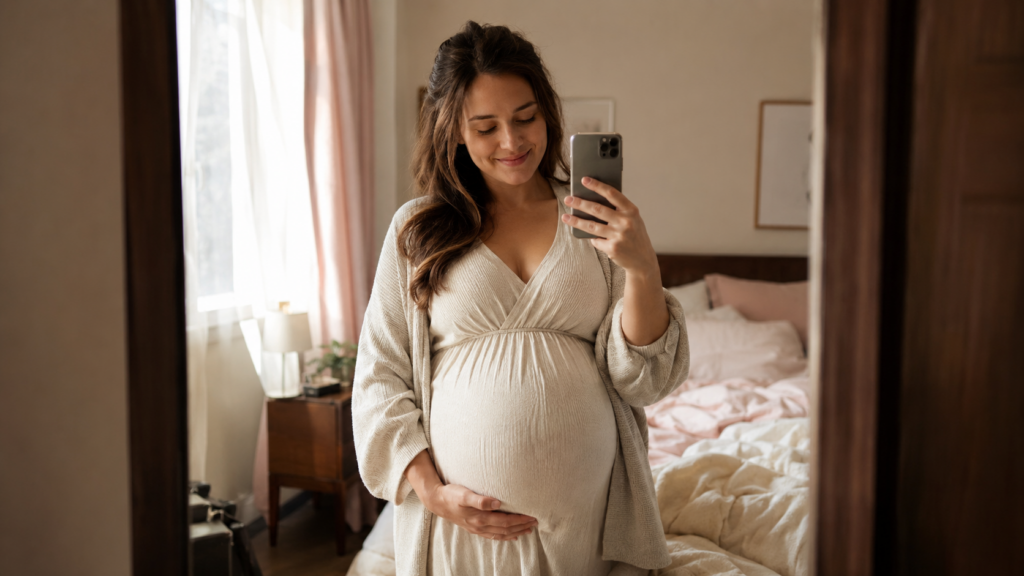 surrogacy photo updates — pregnant woman smiling while taking a bump photo in a mirror at home