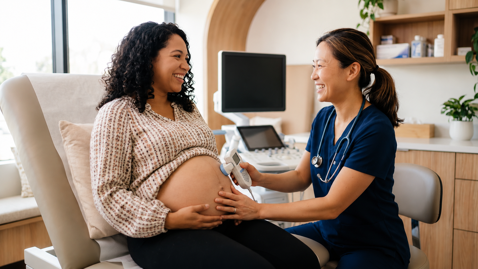 surrogacy prenatal care — pregnant woman at OB appointment, doctor with Doppler