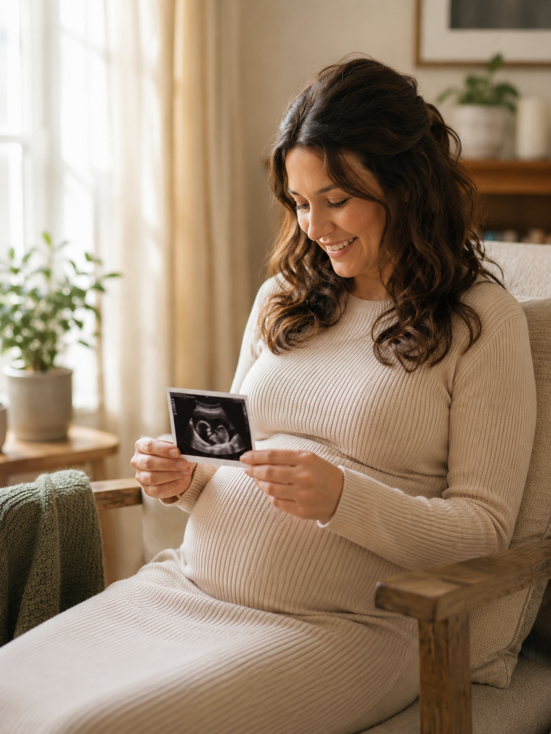 surrogacy prenatal care — pregnant woman holding ultrasound photo with warm smile