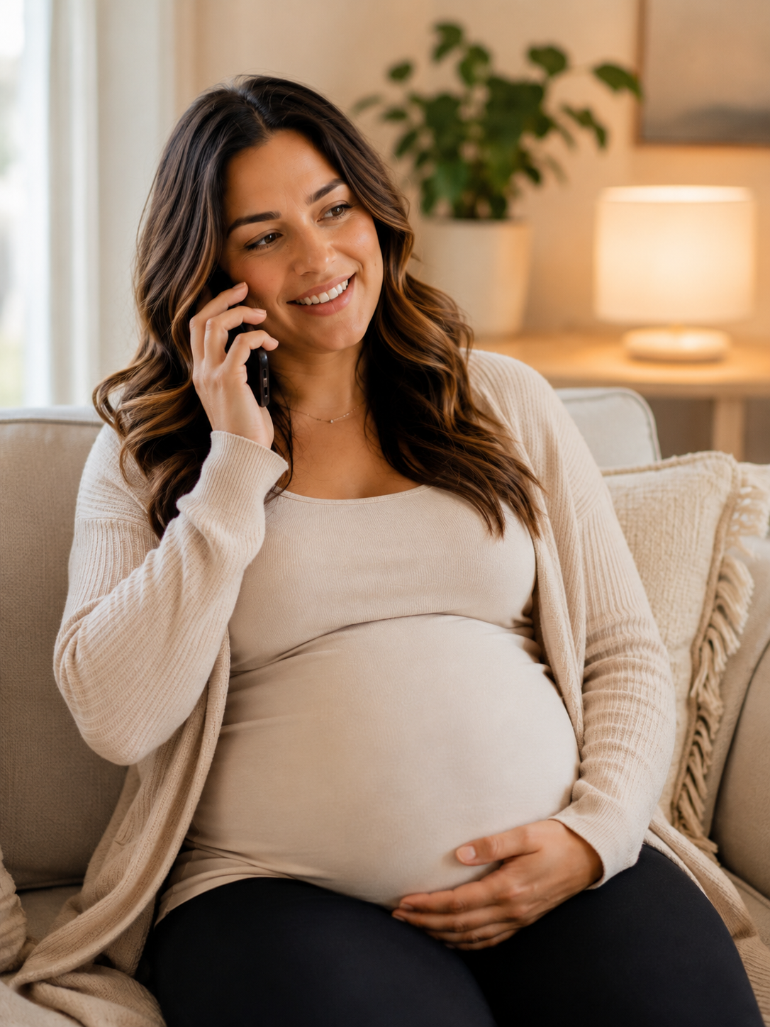 surrogacy prenatal care — woman on phone with happy expression