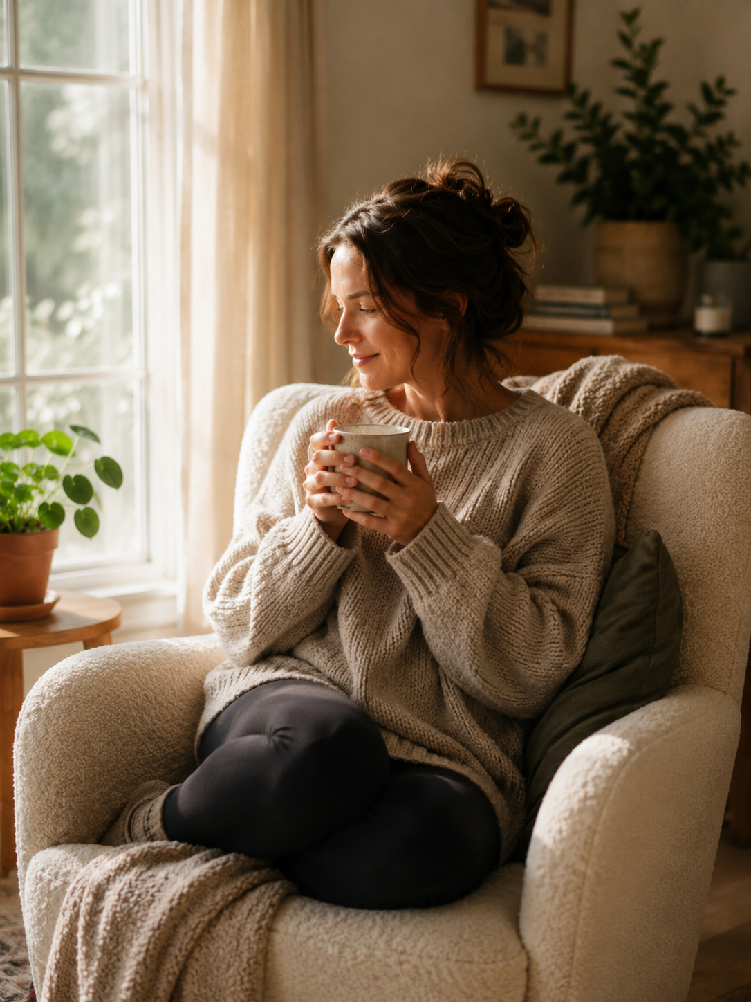 surrogacy pumping breastfeeding — woman in cozy chair near window with warm mug