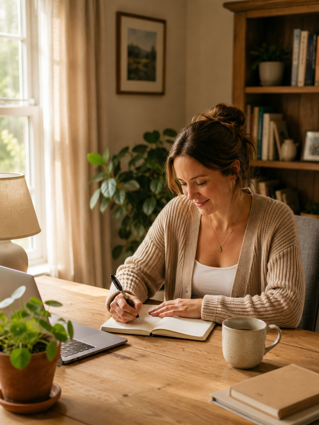 surrogacy pumping breastfeeding — woman writing notes at bright desk with peaceful expression
