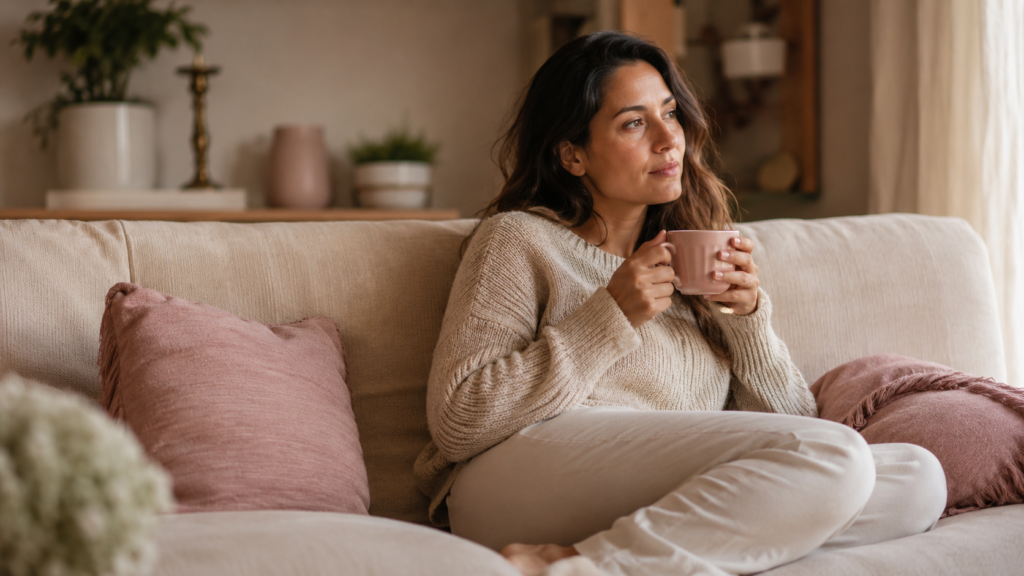 surrogacy readiness checklist — woman sitting thoughtfully with a warm cup of tea in a sunlit living room