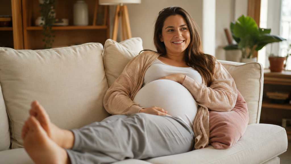 surrogacy third trimester tips — warm portrait of a smiling pregnant woman resting on a sofa with her feet up