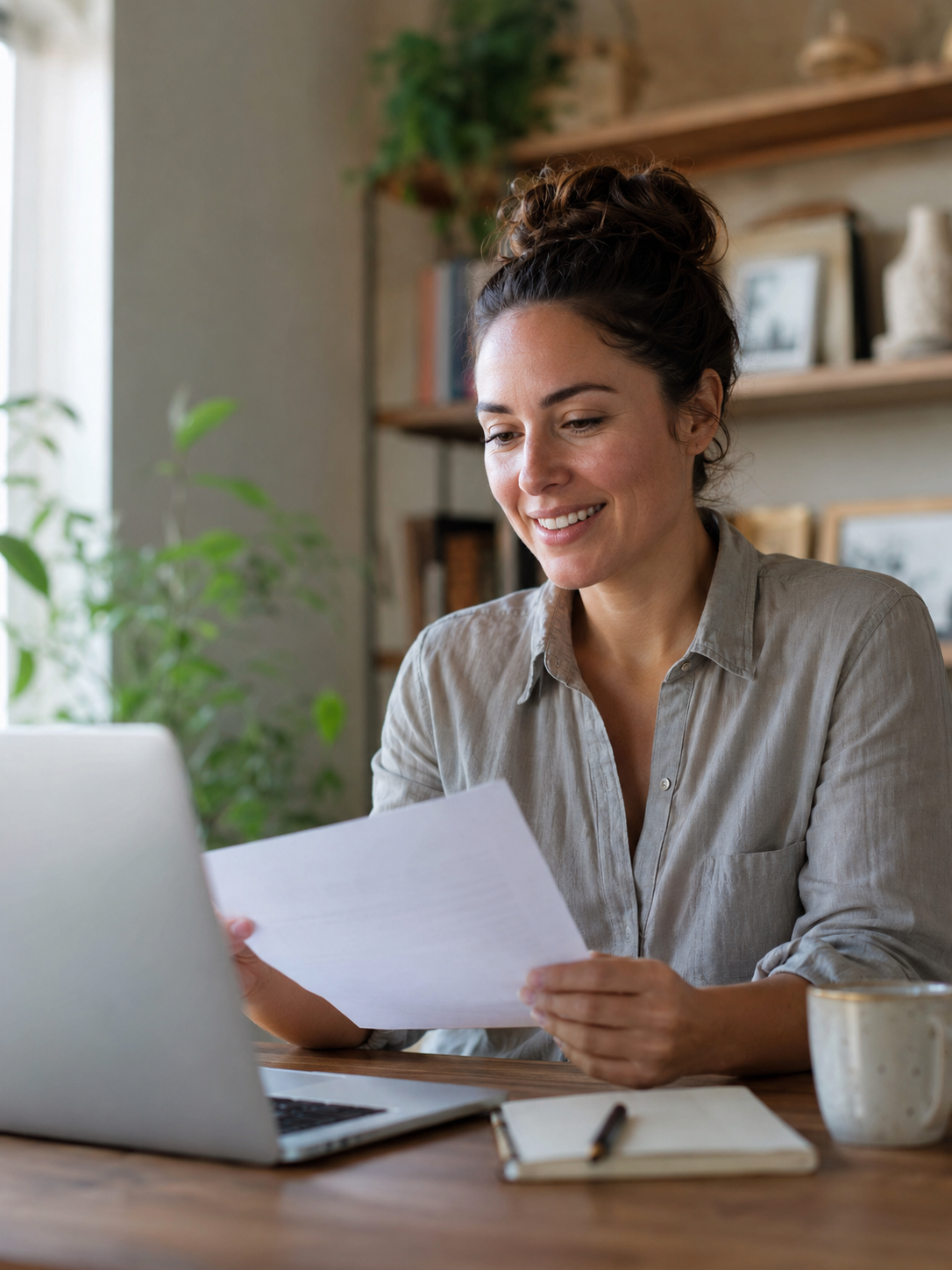 surrogacy timeline overview — woman reviewing intended parent profile at home desk, not pregnant