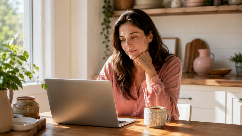 surrogacy vs egg donation — warm portrait of a thoughtful woman researching her options on a laptop at home