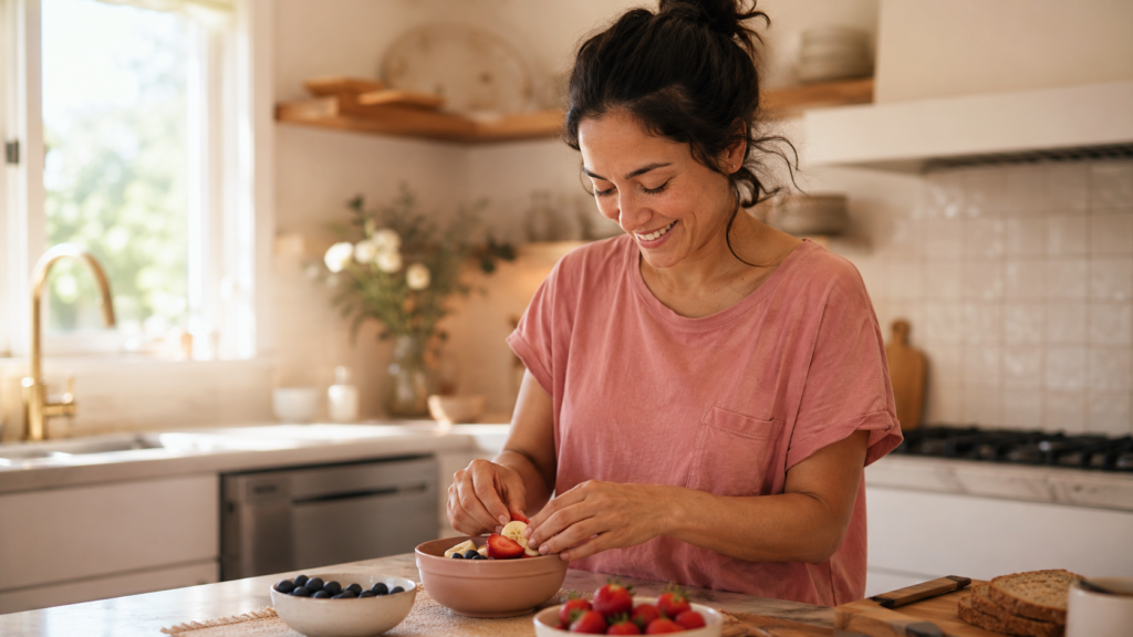 surrogacy with diabetes history — smiling woman preparing a healthy breakfast in a sunlit kitchen, weighing whether her health history still qualifies