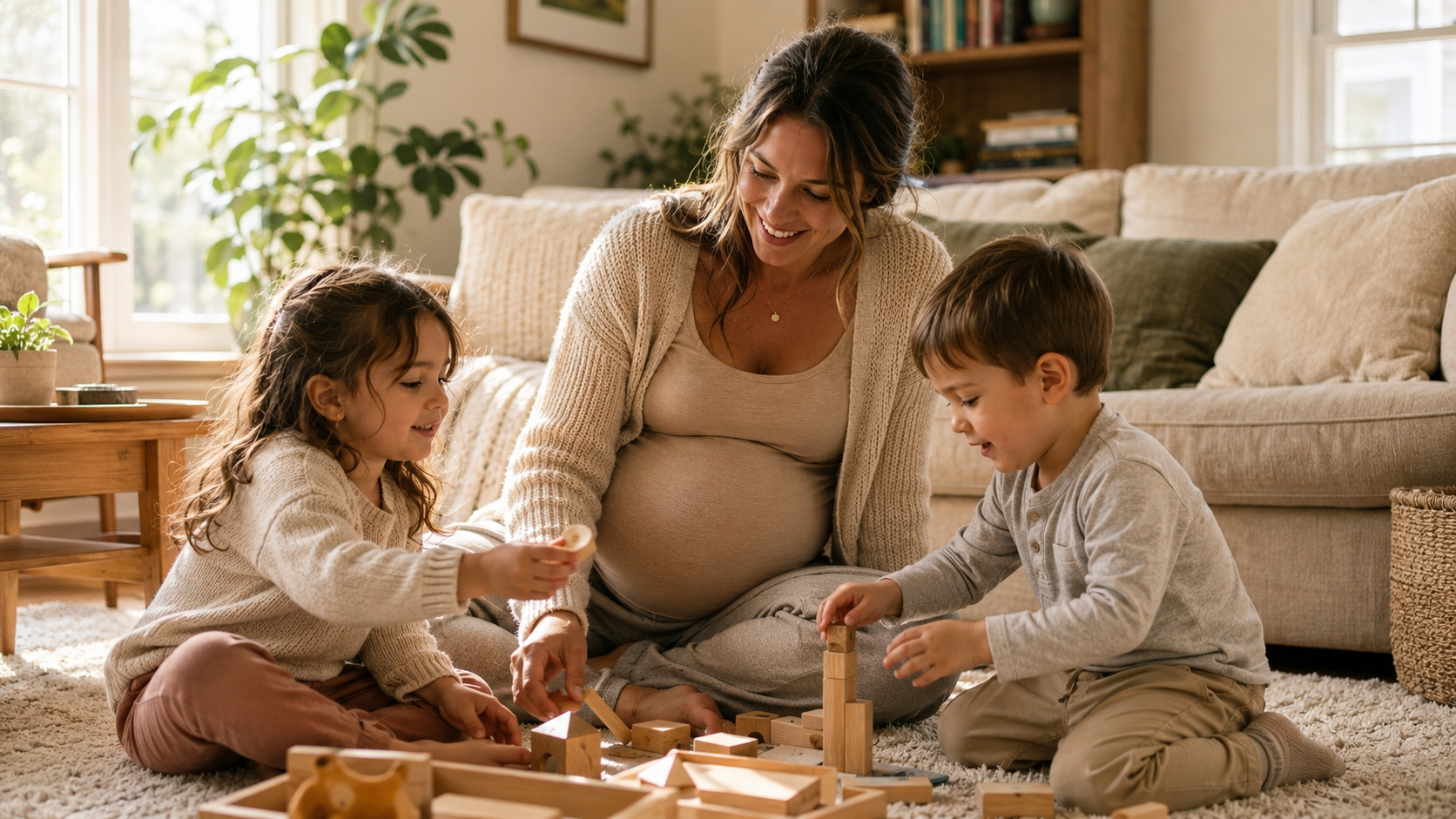 surrogacy with young children — pregnant surrogate playing with children in sunny living room