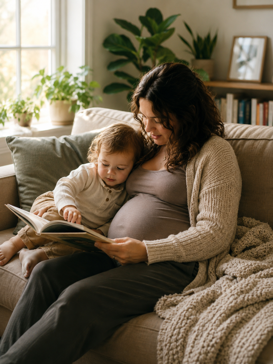 surrogacy with young children — pregnant woman reading book to toddler on couch