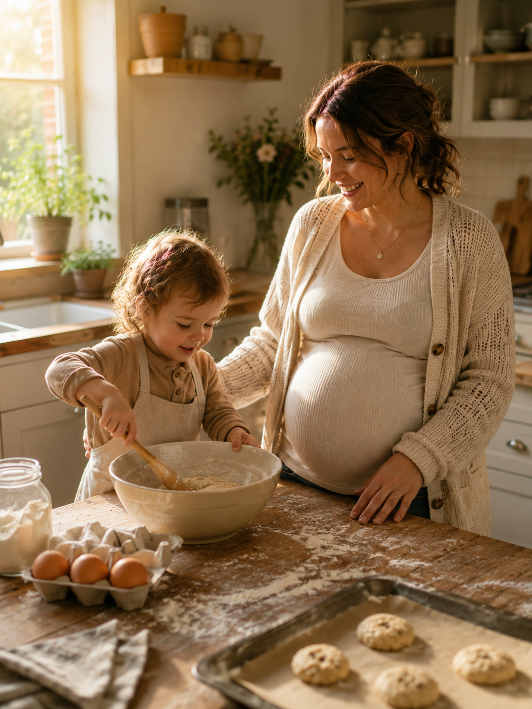 surrogacy with young children — pregnant woman and child baking in bright kitchen