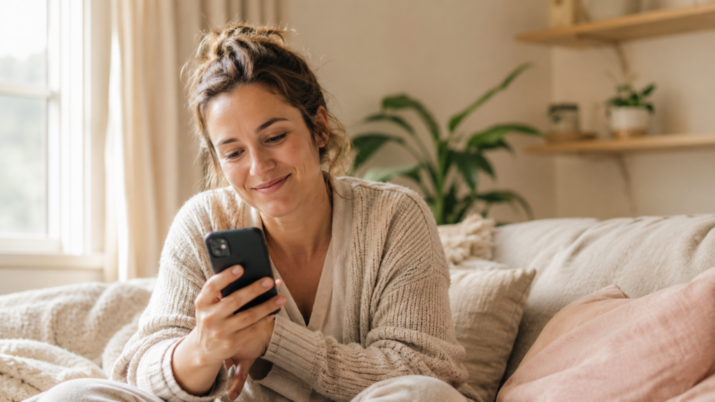 surrogacy without prior pregnancy — thoughtful woman smiling warmly while looking at her phone at home, wondering if her history qualifies