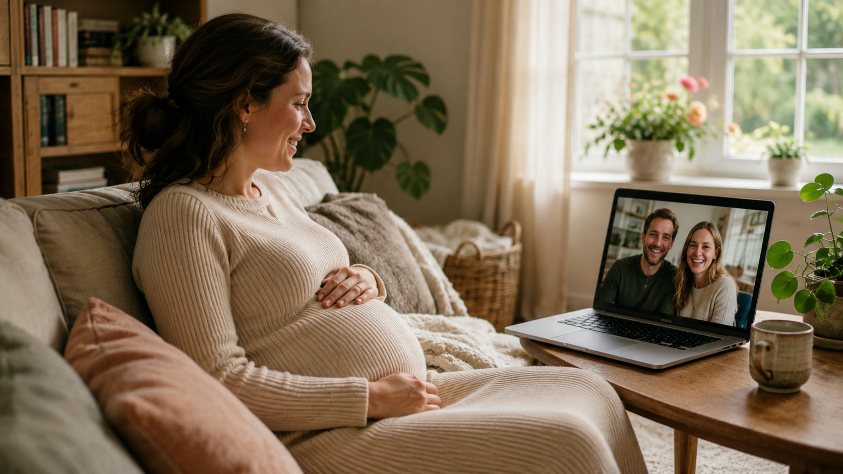 surrogacy working with intended parents — pregnant woman on video call with smiling couple