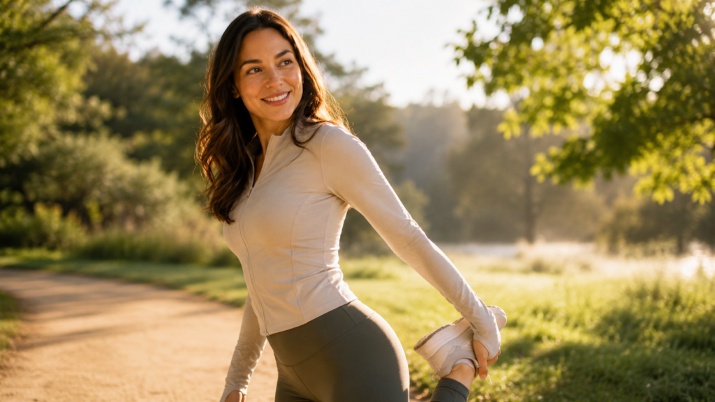 surrogate BMI requirements — woman in athletic wear stretching outdoors in soft morning light
