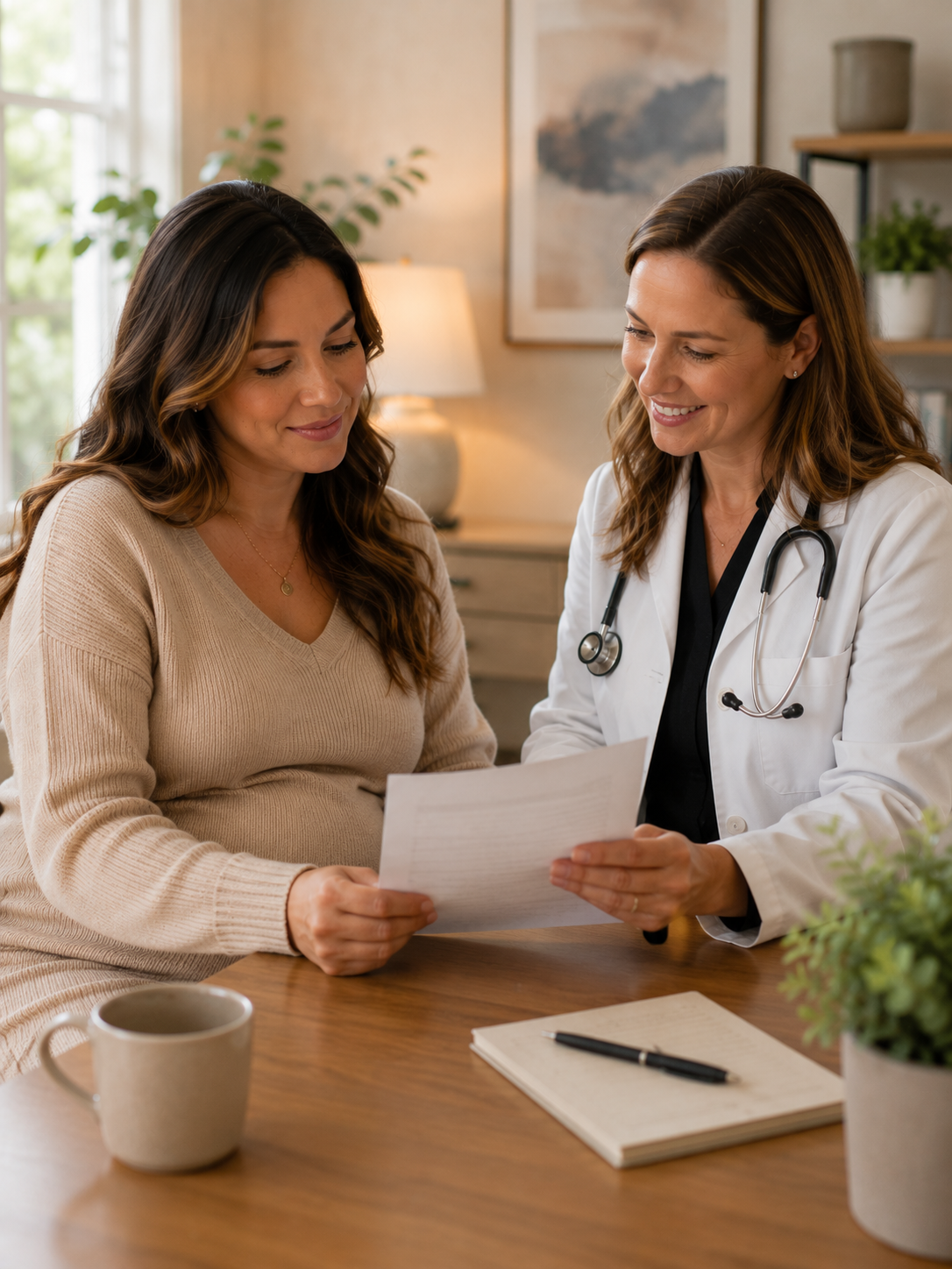 surrogate C-section fee — woman reviewing document with doctor in consultation room