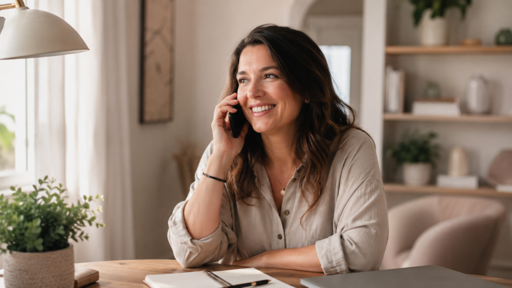 surrogate case manager — warm portrait of a smiling woman on a friendly phone call in a bright home office