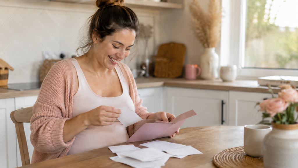 surrogate expense tracking tips — smiling pregnant woman organizing receipts in a folder at a sunny kitchen table