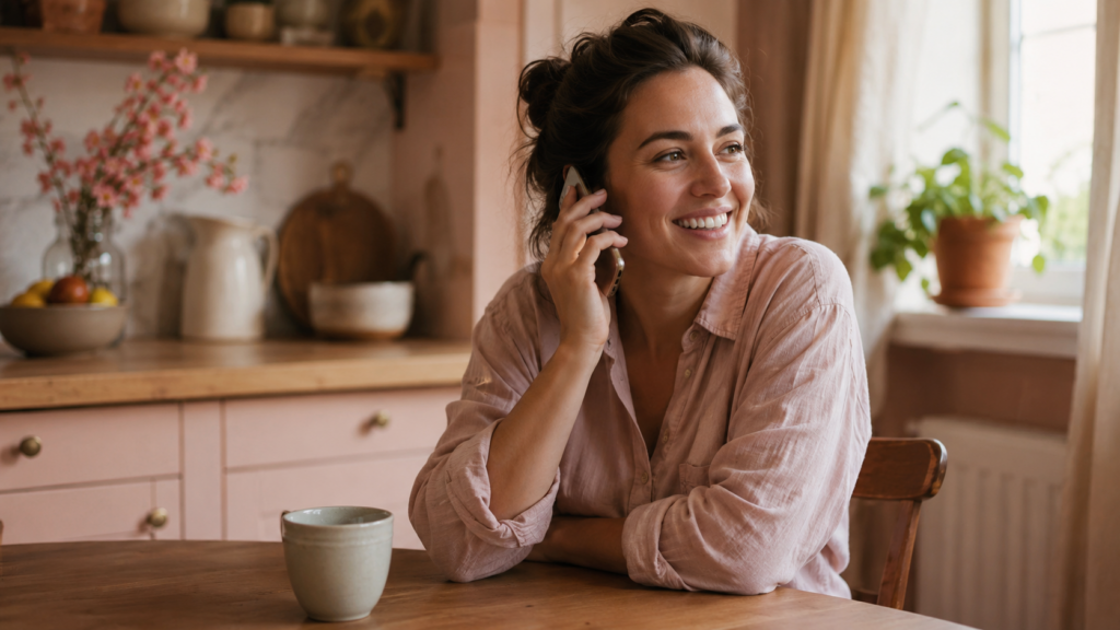 surrogate first appointment — warm portrait of a smiling woman on a relaxed phone call at her kitchen table