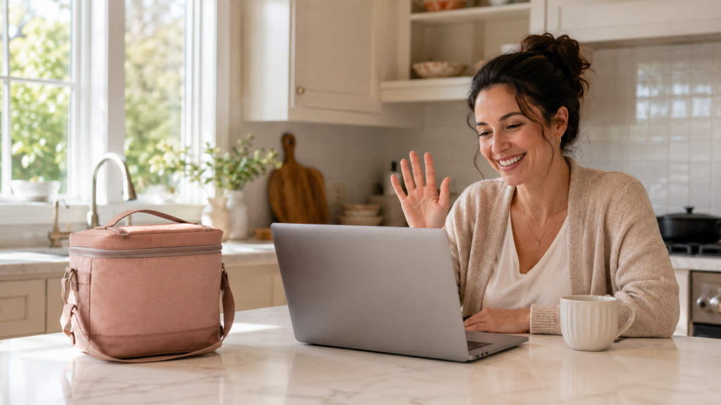 surrogate hormone injections — calm woman on a friendly video call with her clinic nurse at her kitchen counter, small medication cooler bag nearby