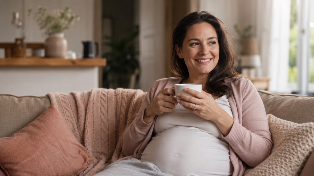surrogate life insurance policy — smiling pregnant woman relaxing at home holding a warm cup of tea