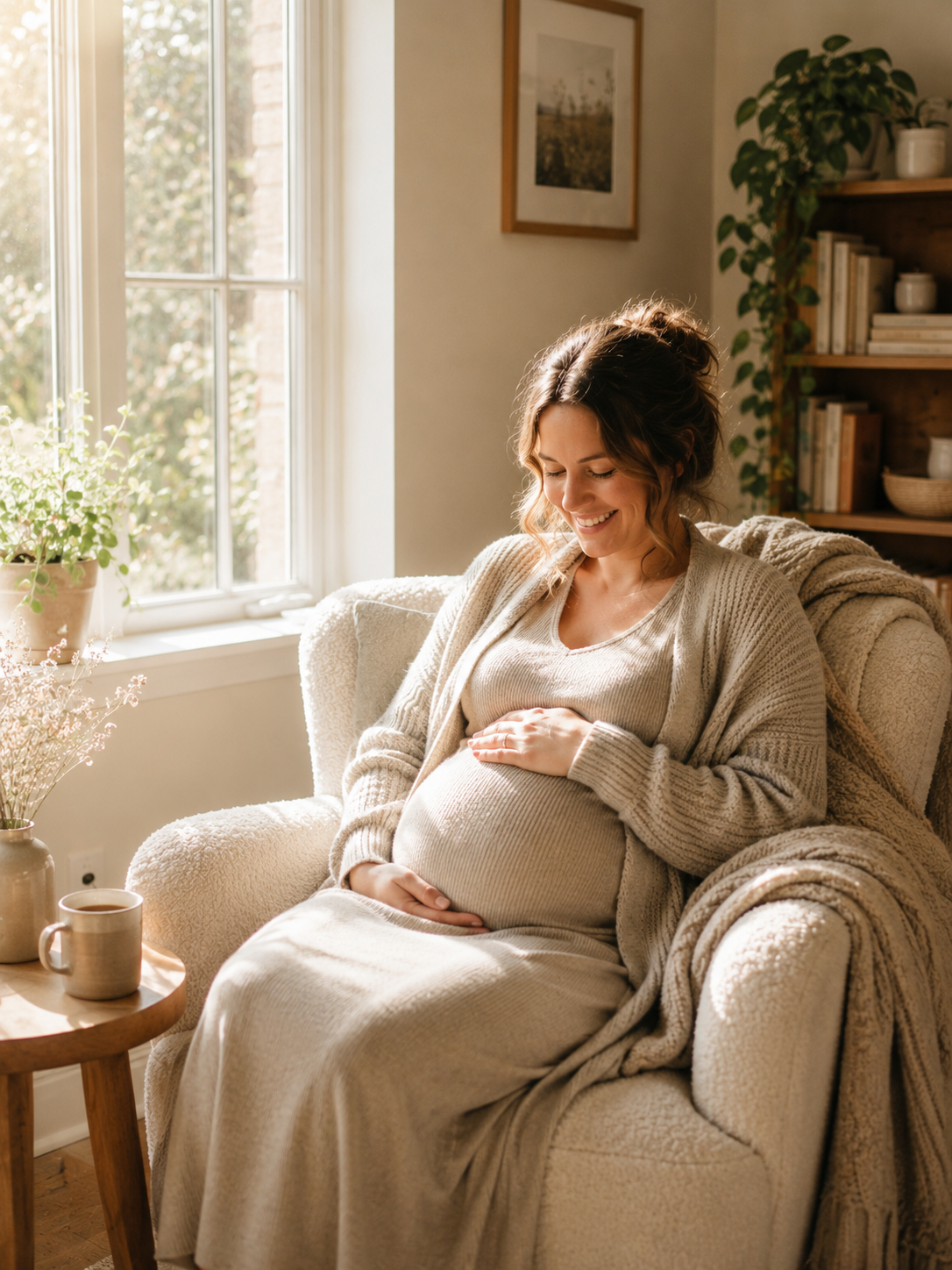 surrogate maternity clothing allowance — pregnant woman in cozy neutral maternity outfit