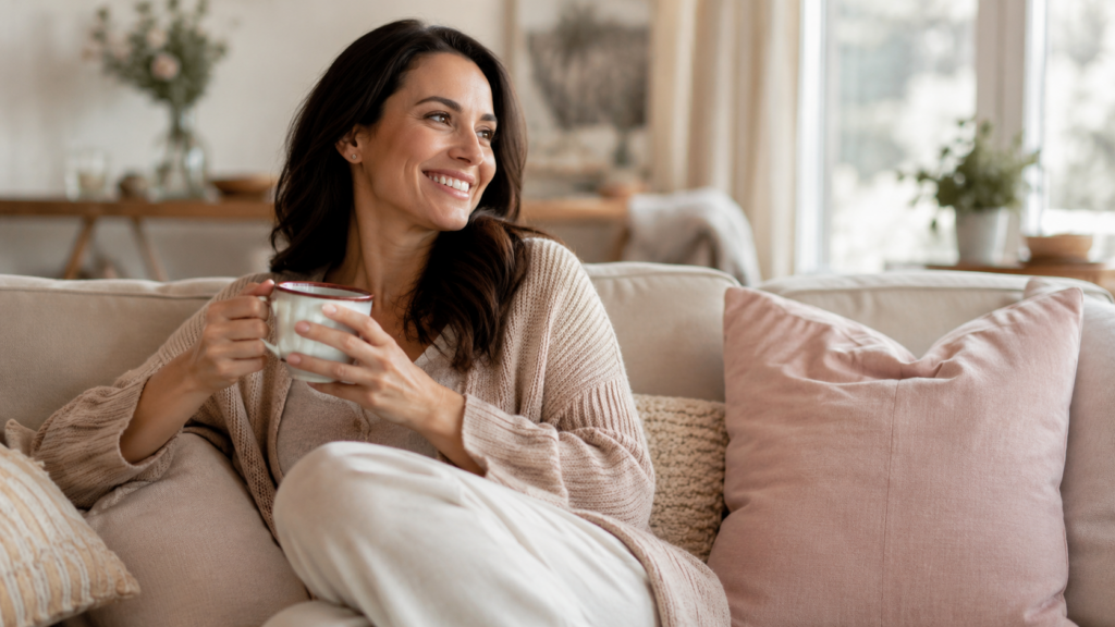 surrogate medication restrictions — warm portrait of a smiling woman relaxing at home with a cup of tea, thinking through her health history
