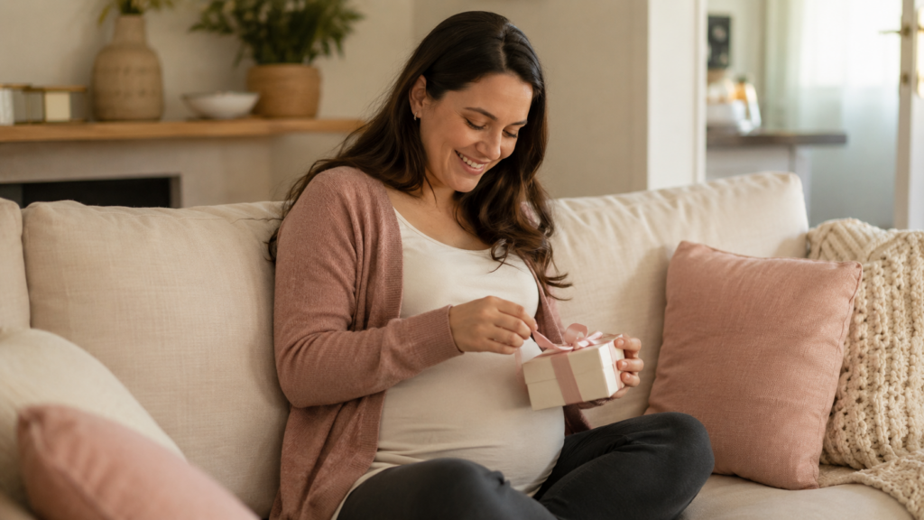 surrogate milestone gifts — pregnant woman smiling while opening a small wrapped gift at home