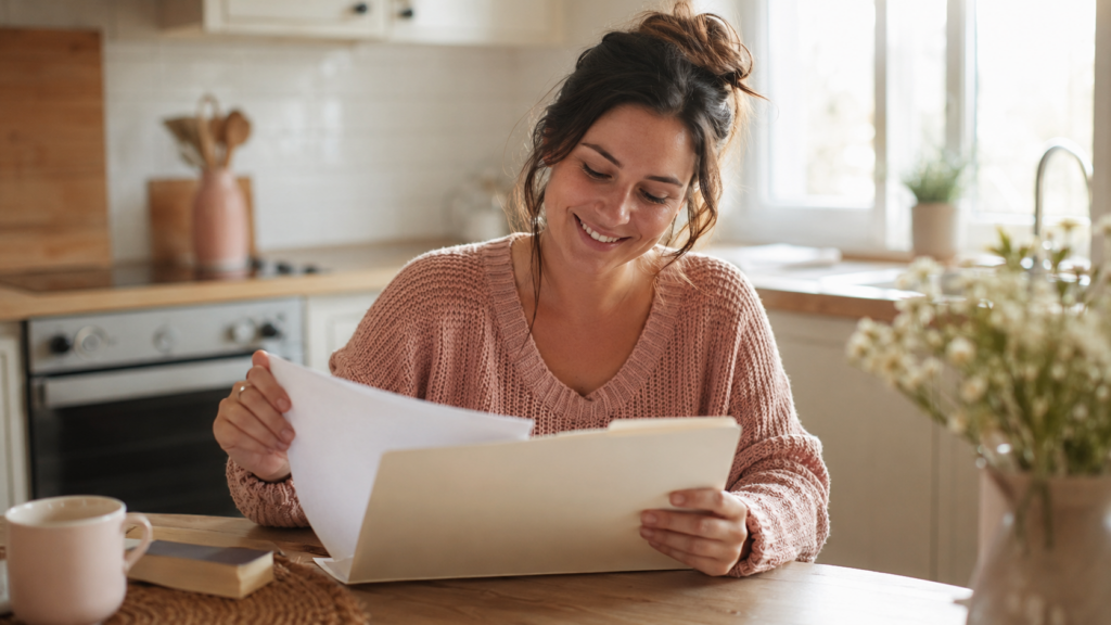 surrogate mock cycle — warm portrait of a smiling woman reading a folder of clinic paperwork at her kitchen table